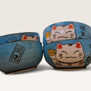 Maneki Neko Lucky Cat Ceramic Bowls (4) - Blue